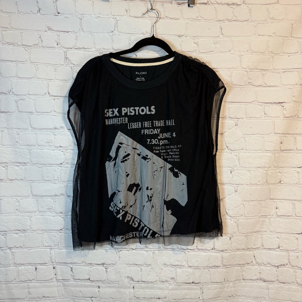 Pilcro Black Short Sleeve Sex Pistols Graphic Tee with Sheer Overlay